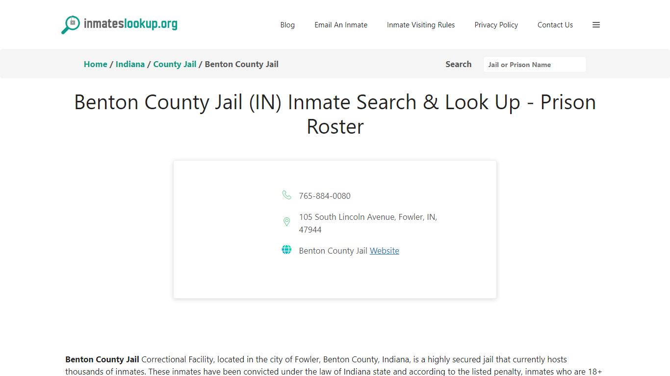Benton County Jail (IN) Inmate Search & Look Up - Prison Roster
